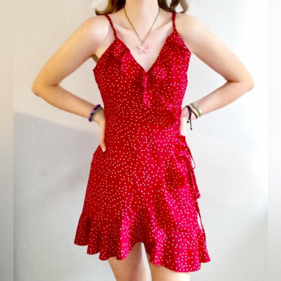 Red Polka Dot Mini Wrap Dress - Picture 1 of 9